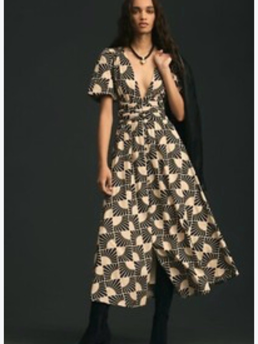 Anthropologie Black & Cream Geometric V-Neck Midi Dress